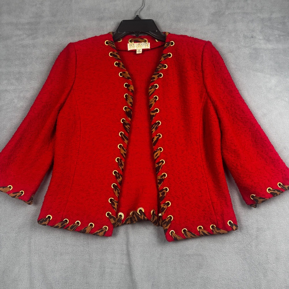 St. John Collection Red Knit Jacket Leopard Lace Up Grommet Size 2